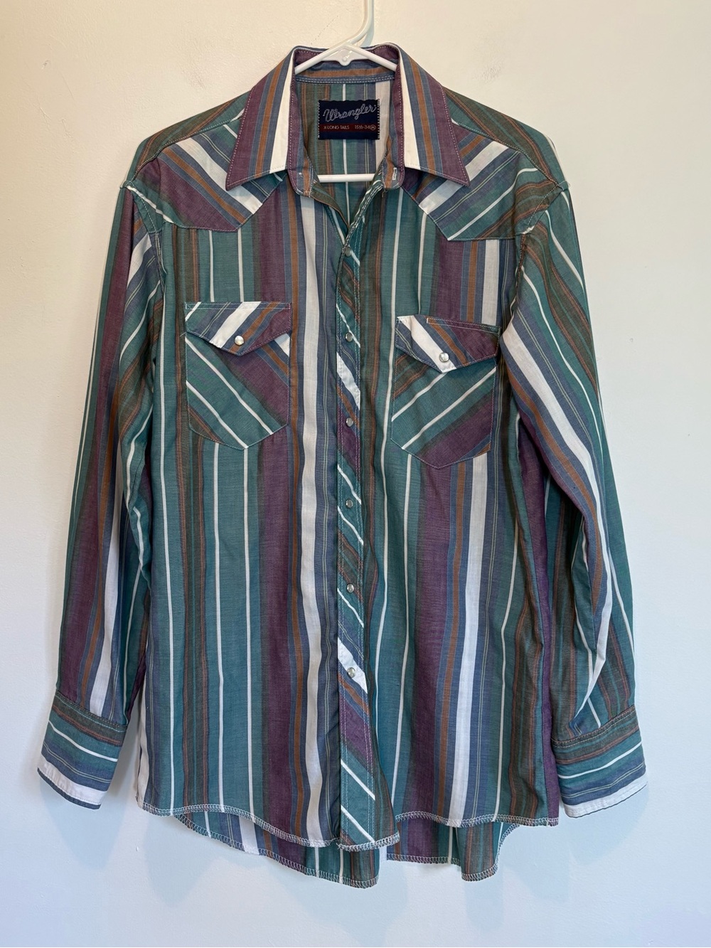 Vintage Wrangler Stripe Western Shirt Pearl Snap Medium Long Tails